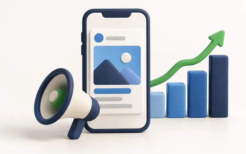 Phone with an ad, a megaphone and a rising chart, illustrating digital marketing