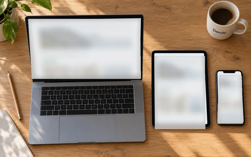 A website shown across a laptop, tablet and phone on a desk