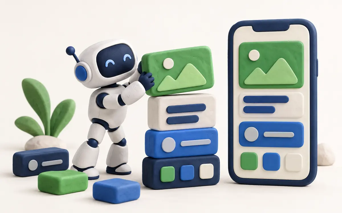 Small robot assembling app building blocks into a finished product