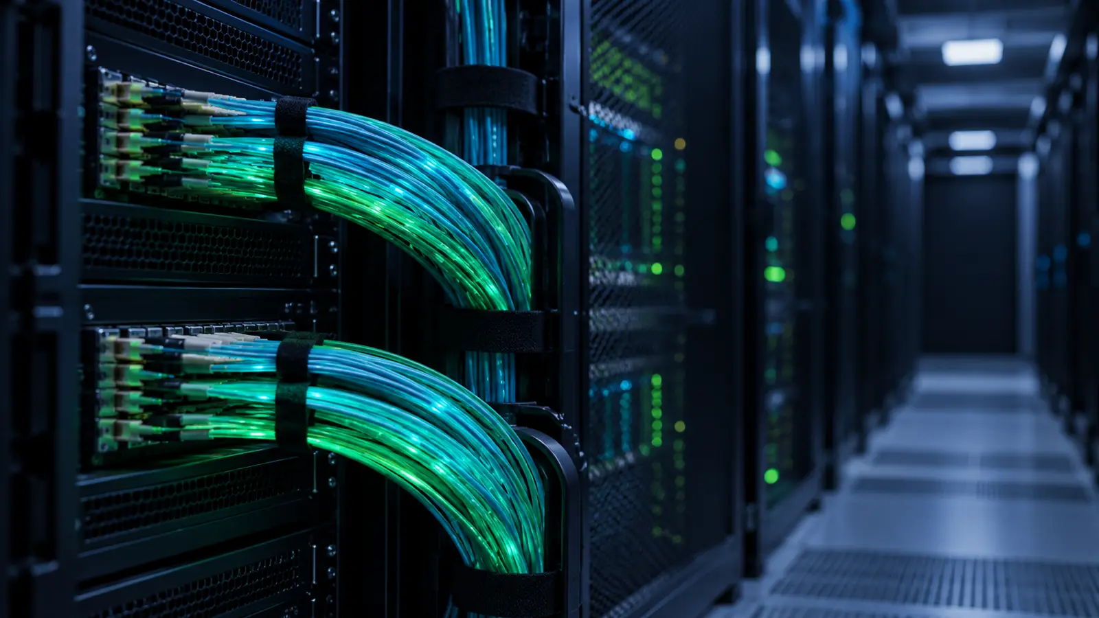 Glowing fibre-optic cables in a dark data centre
