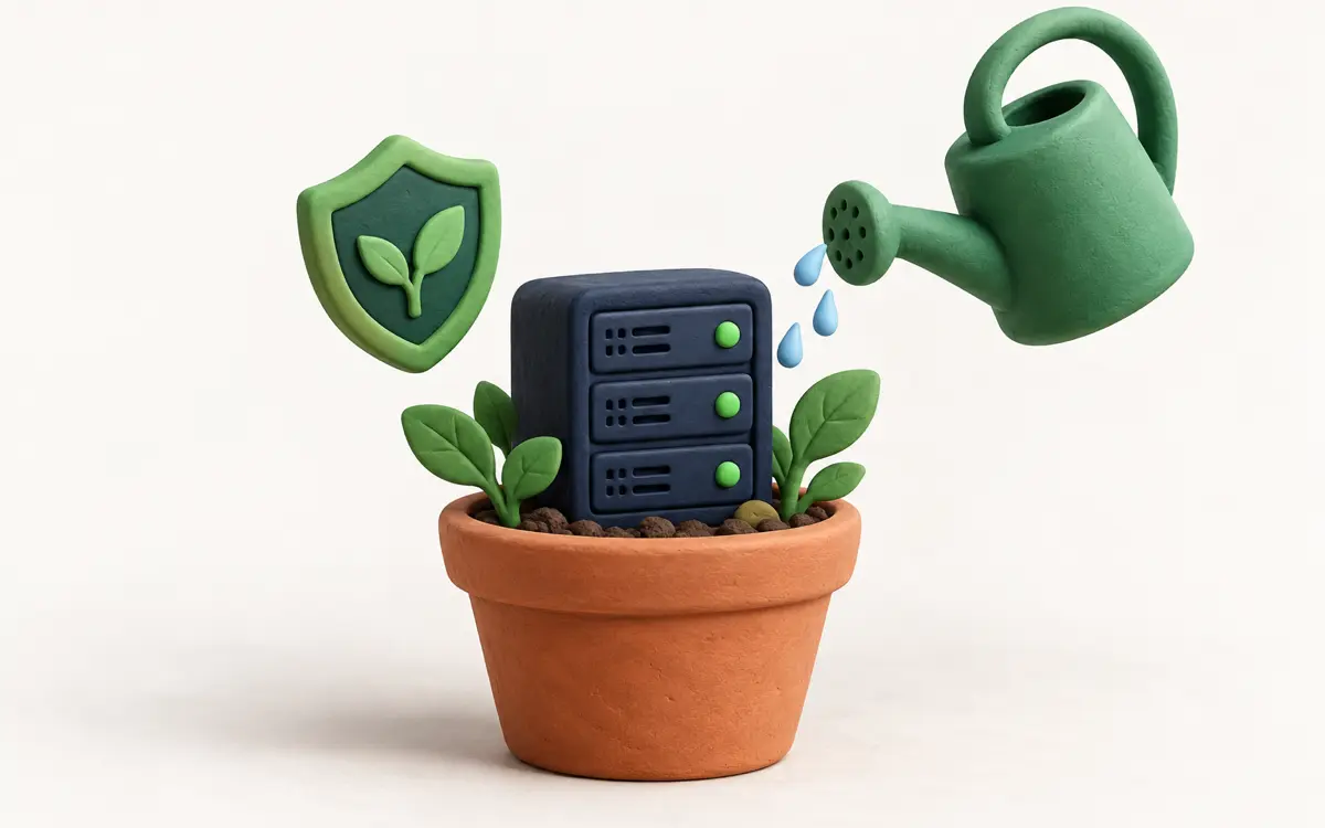 Small server cabinet being watered like a plant, illustrating website care