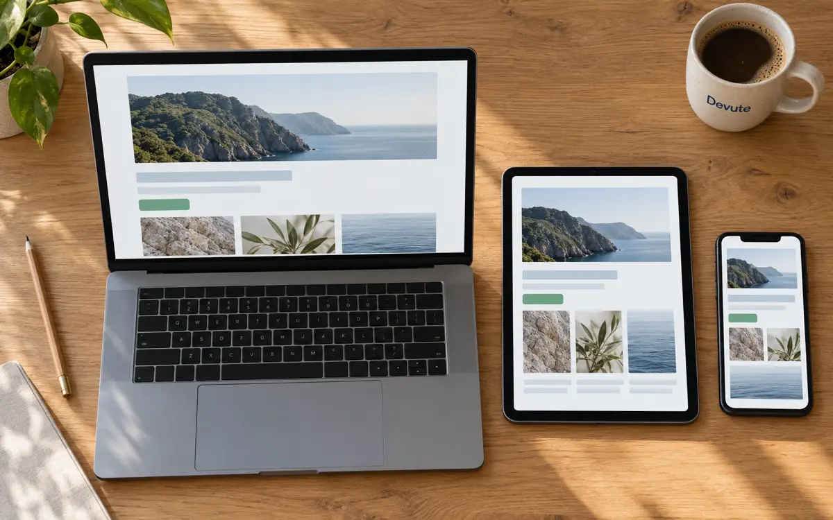 A website shown across a laptop, tablet and phone on a desk