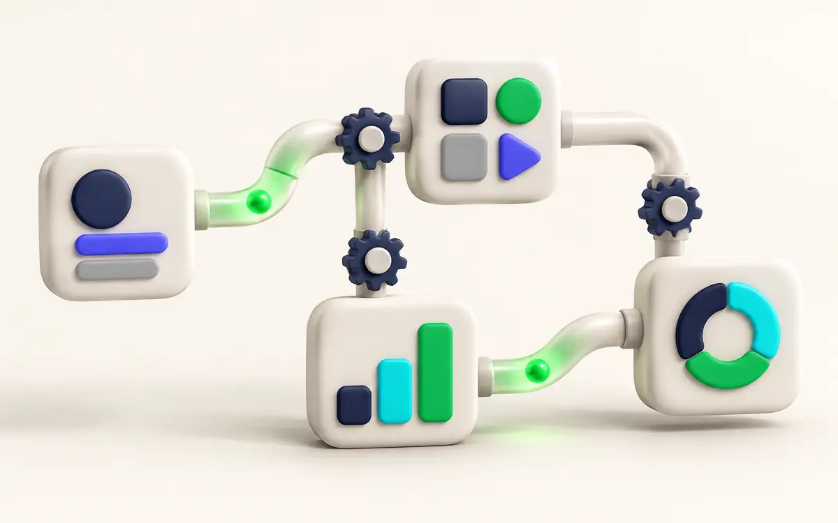 Gears and pipes connecting app tiles, illustrating workflow automation