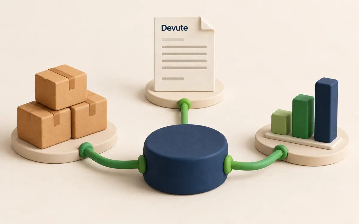 Stock boxes, an invoice and a chart all connected to one hub