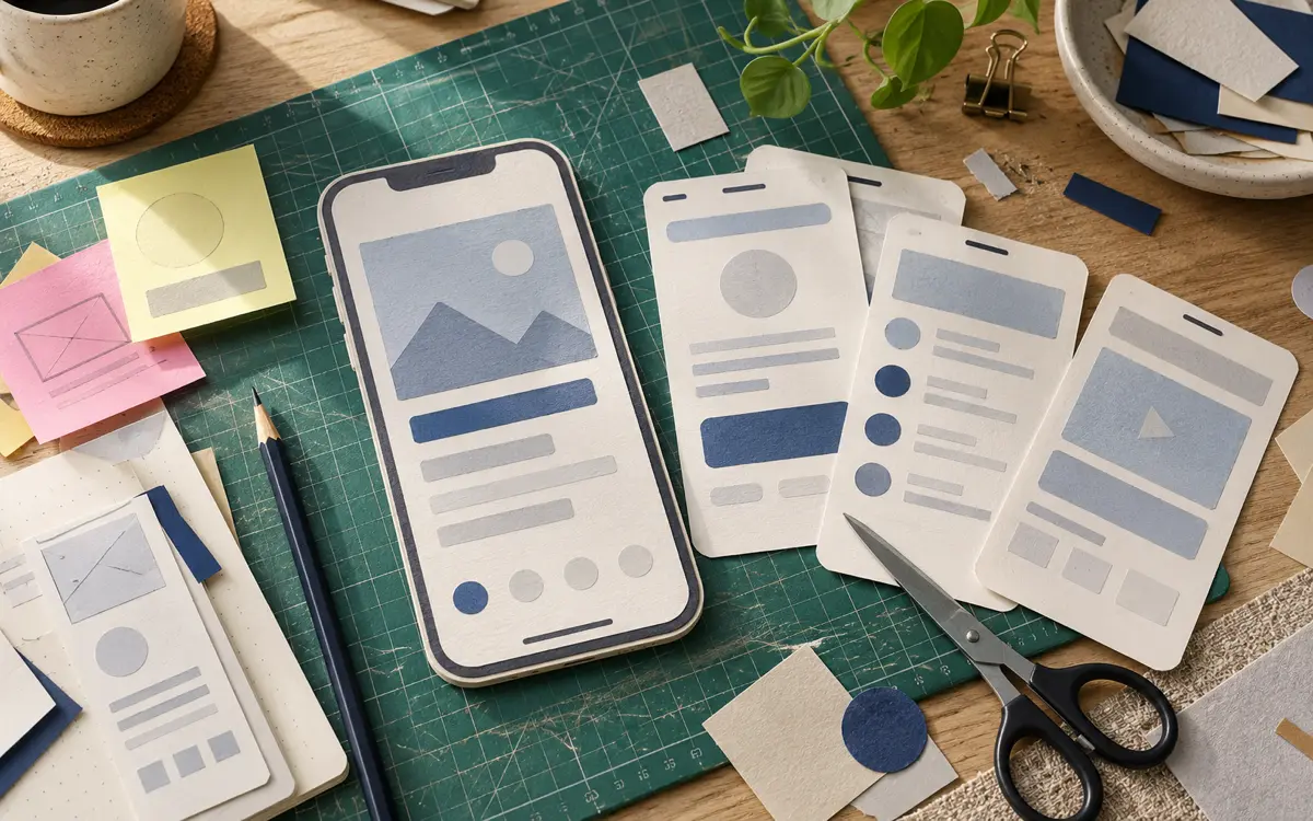 Paper phone prototype with sticky notes and a pencil